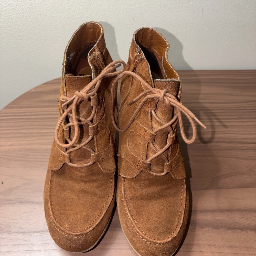 MIA Berdina Leather Wedge Ankle Boots Brown Suede Lace Up Side Zip Womens 9.5 - Picture 7 of 10